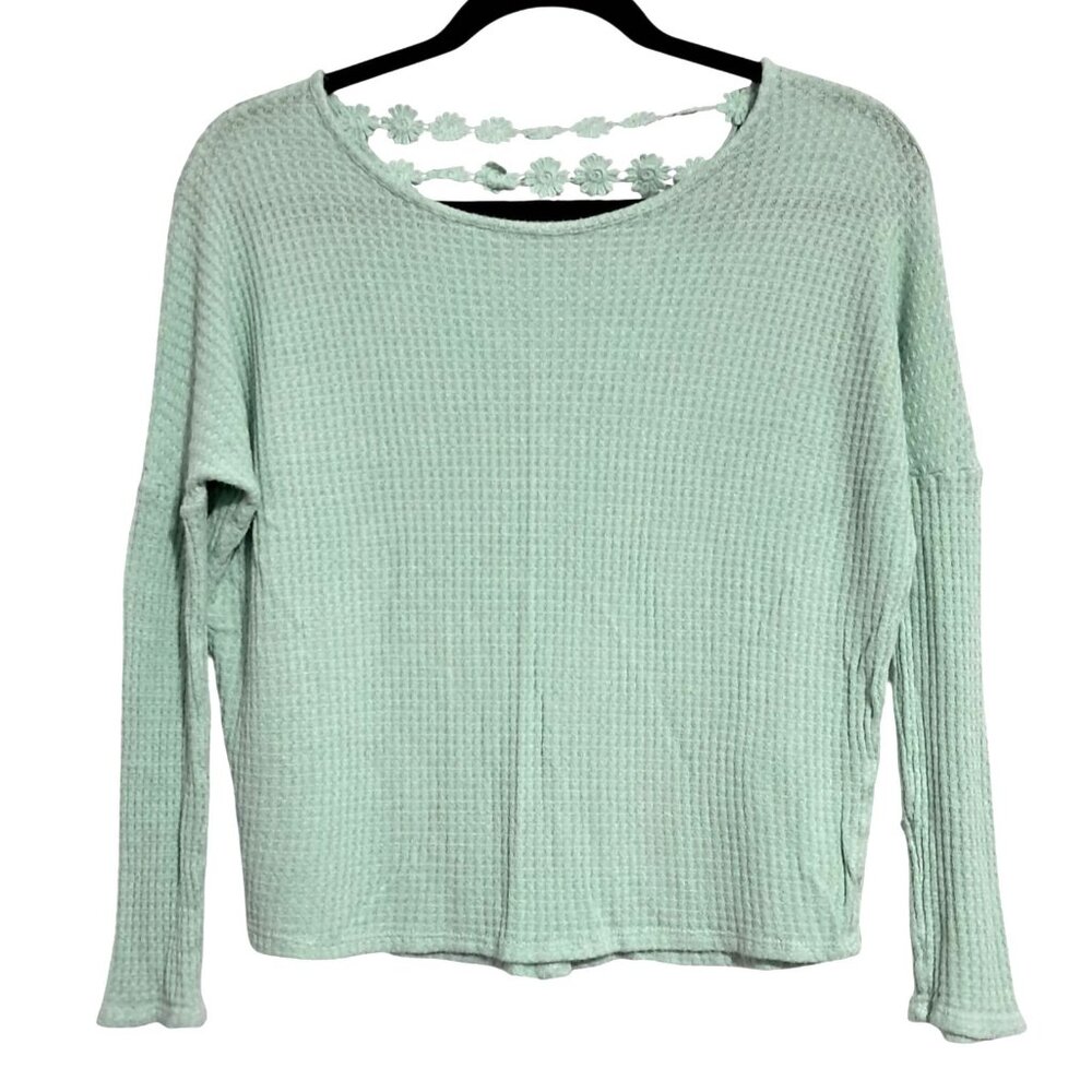 Waffle Knit Shirt Womens XS Mint Green Y2K Top With Floral Lace Back Detail Long